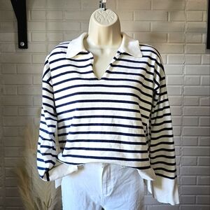 CeCe Navy and White Striped V-Neck Sweater